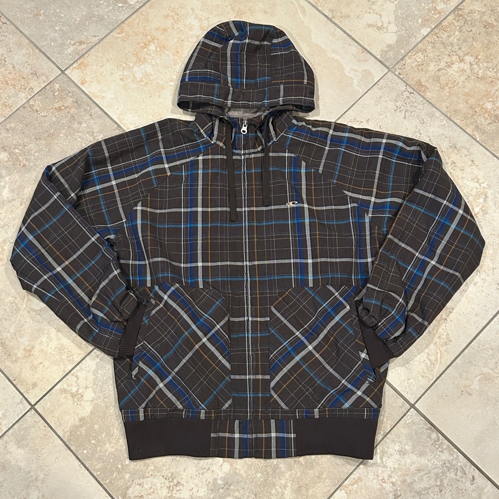 Vintage ONeill Full Zip Hoodie Men's Medium Brown Plaid Lined Jacket Surfer Y2k